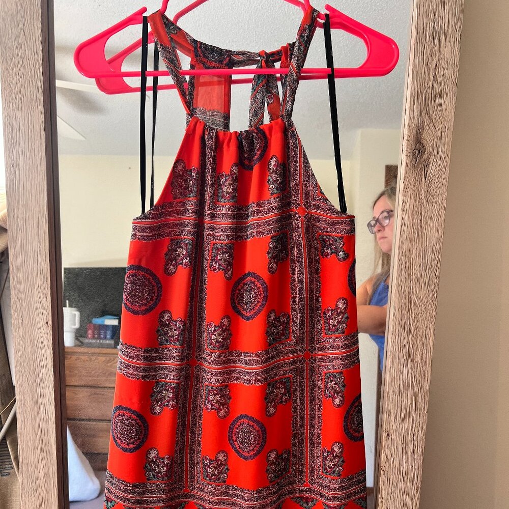 Lulus Orange Patterned Halter-Neck Mini Dress - image 1